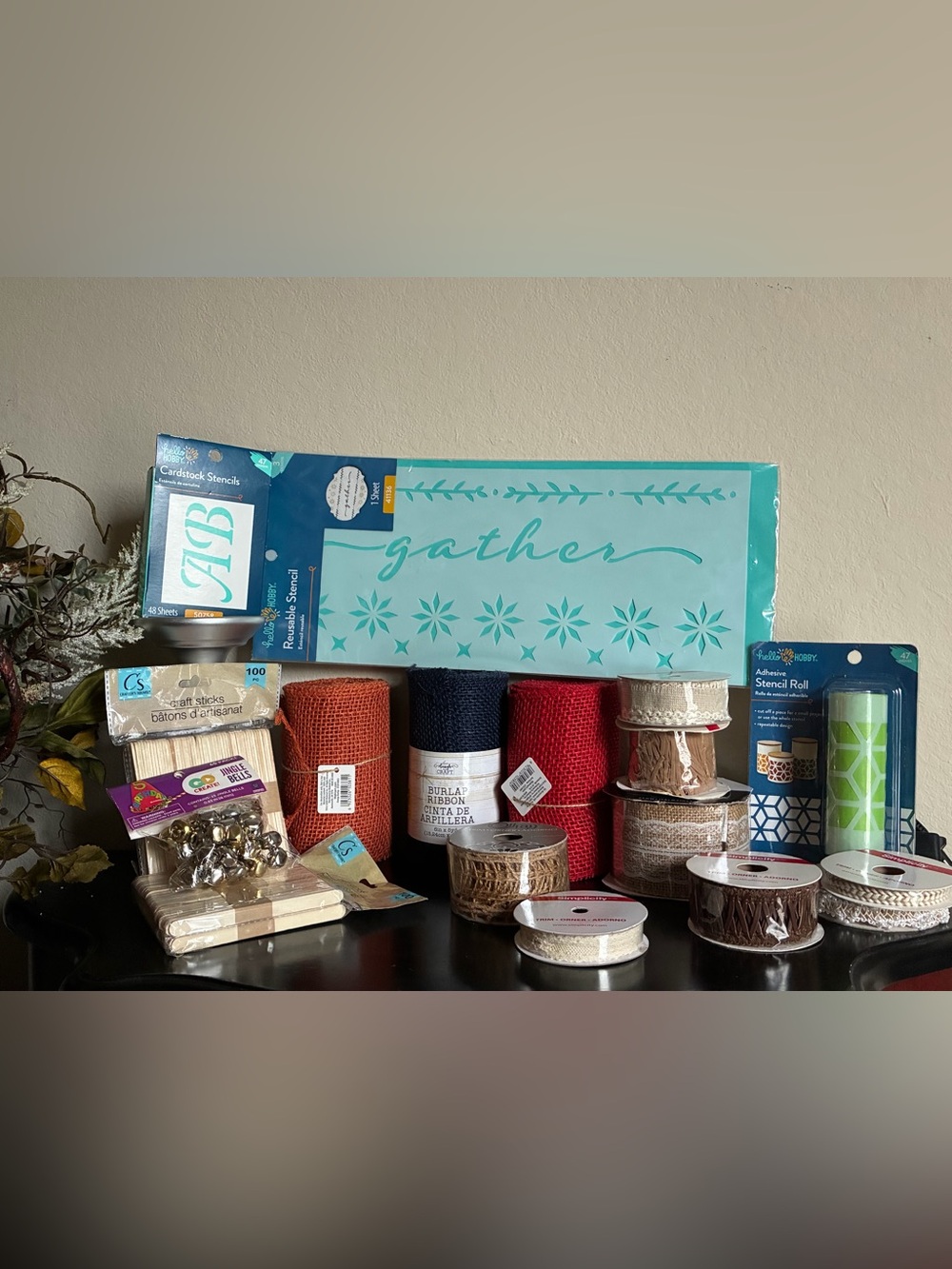 NWT Assorted Craft Bundle Set: Burlap/Ribbons/Stencils/Craft Sticks/Jingle Bells